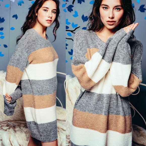 NEW Neutral Tan Ivory Gray Striped Colorblock Soft Sweater Dress Longline Tunic - Picture 3 of 13